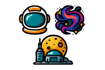 A set of three stylized space exploration icons featuring a white astronaut helmet, a colorful swirling nebula, and a lunar base with a dome and tower against a large yellow moon. © Mark