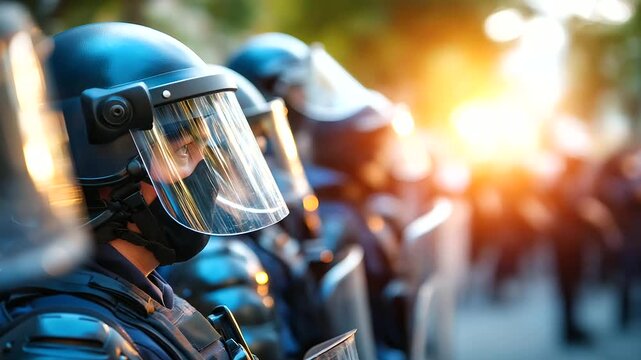 Defocused officers equipped with riot gear and shields in formation, blurred tactical personnel maintaining order, urban protest environment, law enforcement response, with copy sp