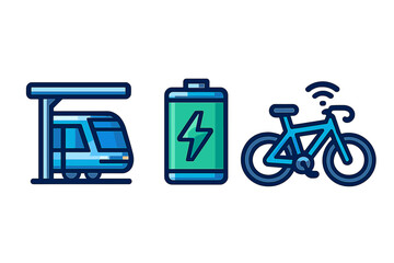 Obraz premium A set of three modern icons representing electric mobility, featuring a train at a station, a battery with a lightning bolt symbol, and an electric bicycle with a wireless signal.