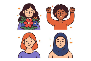 Fototapeta premium This illustration features four diverse women celebrating empowerment. It includes a woman with flowers, one with raised fists, and another wearing a hijab against a black background.