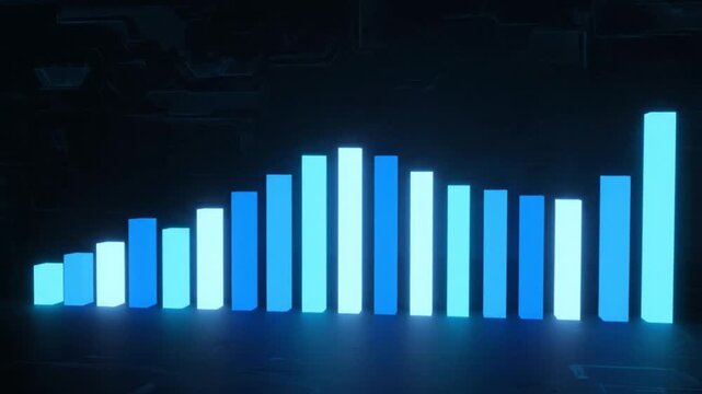 Animated 3D bar chart showing data growth and decline in blue neon light. Digital business graph with fluctuating values on a dark background.