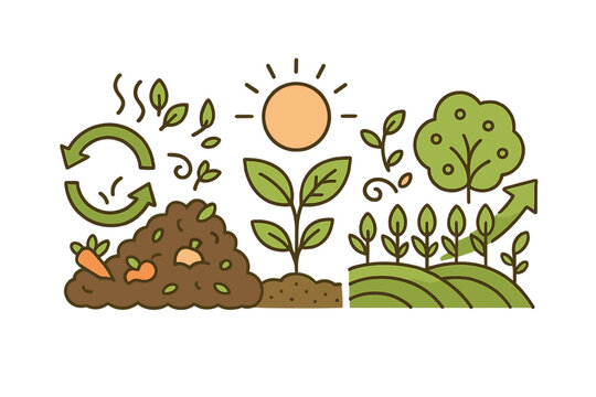 A flat design illustration showing the process of composting organic waste into nutrient-rich soil to grow healthy plants and trees in a sustainable agricultural environment.