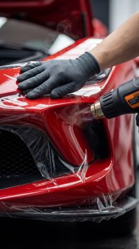 Professional Car Detailing Specialist Applying Paint Protection Film to Red Luxury Vehicle Bumper in Workshop