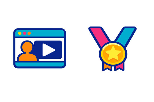A stylized web browser window with a video play button and a person icon next to a gold award medal with a star, set against a dark background for digital achievement.