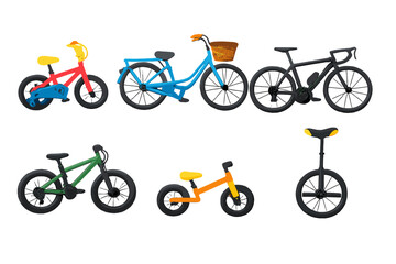 A collection of six stylized 3D rendered bicycles and a unicycle in various colors including red, blue, black, green, and orange, all set against a solid black background. © Mark