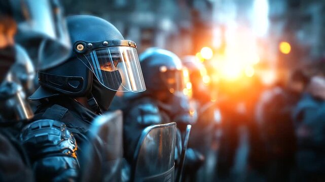 Defocused riot officers in full gear with shields and helmets, blurred formation during street protest, law enforcement authority, social unrest scene, civil conflict, with copy sp