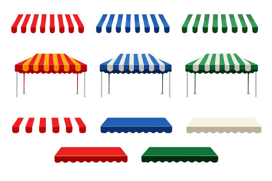 A collection of various striped and solid awnings and market stalls in red, blue, green, yellow, and white, isolated on a black background for retail and commercial design projects.