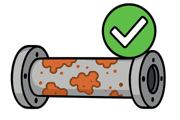 An illustration of a grey metal pipe with orange rust spots and flanges on both ends, featuring a green checkmark icon above it to indicate a successful inspection or repair.