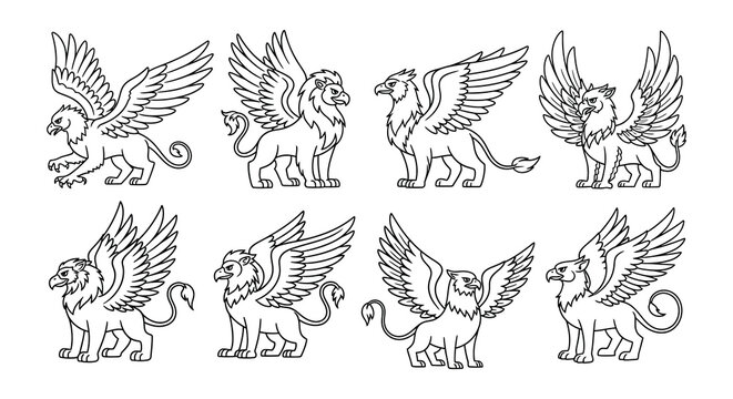 Eight detailed line art illustrations of mythical griffins in various poses