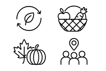 A set of four minimalist black line art icons representing sustainability, fresh produce in a basket, autumn harvest with a pumpkin and leaf, and a local community location.