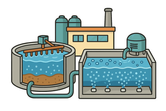 This illustration shows a wastewater treatment plant with a sedimentation tank and an aeration basin. The facility includes industrial buildings, silos, and a chimney in the background.