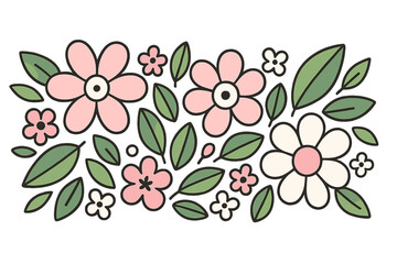 A stylized illustration of pink and white flowers with green leaves on a black background. The design features bold outlines and a retro aesthetic in a horizontal layout.