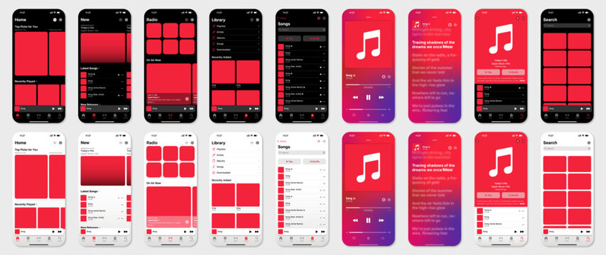 Mockup of the Apple Music mobile application interface displayed on smartphone screens in both dark and light modes.