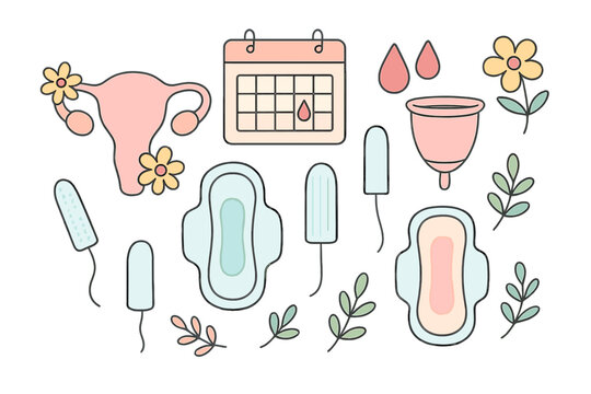 A collection of menstrual health icons including a uterus, calendar, tampons, sanitary pads, and a menstrual cup. The flat vector illustration features pastel colors on a black background.