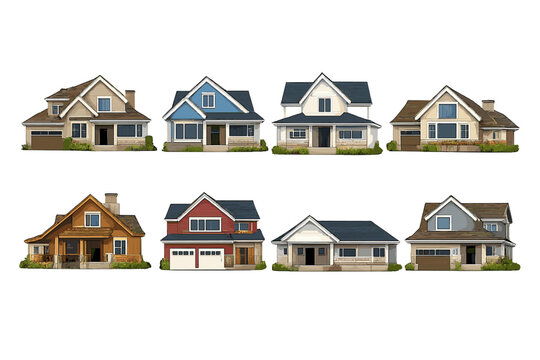 A collection of eight diverse suburban house models arranged in two rows against a black background. Each house features unique architectural details, colors, and small green landscaping.