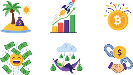 Fototapeta premium Bright colorful financial illustrations depicting growth, success, and digital currency concepts.