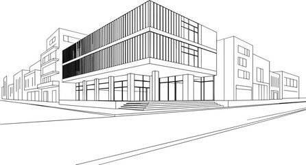 Modern architectural line art drawing of a contemporary office building exterior on a city street corner with minimalist geometric urban design