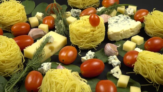 Dry Angel Hair pasta in nest-like shape, tomatoes, garlic, dill, cheese  and fresh spinach leaves, ingredients for making pasta, turning, top view