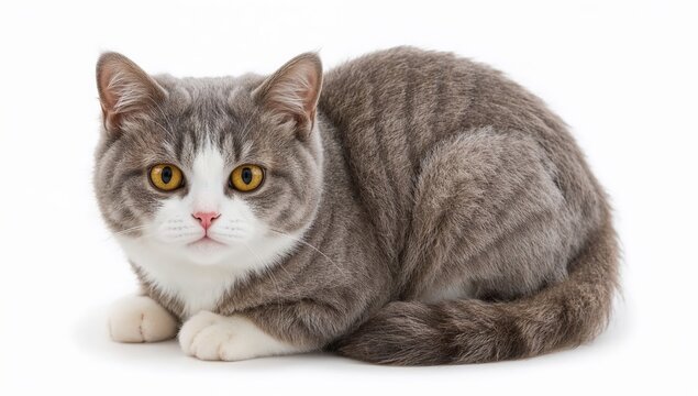 Felted gray and white scottish fold cat model with folded ears and expressive eyes on white background