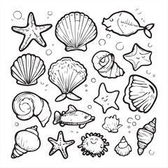 Obraz premium Ocean Creatures and Seashells Line Art Collection