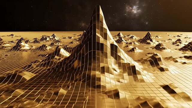 Abstract Golden Geometric Landscape - This video shows an abstract golden landscape with grid forming peaks and valleys.