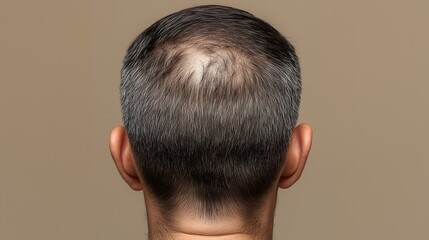 Obraz premium Rear view of a man's head with visible male pattern baldness and thinning dark hair against a neutral background, illustrating hair loss and scalp issues.