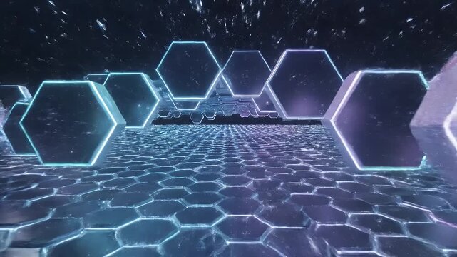 Abstract Shimmering Hexagonal Technology - This video showcases an abstract hexagonal pattern with a path illuminated by shimmering light, creating a futuristic or science-themed atmosphere.