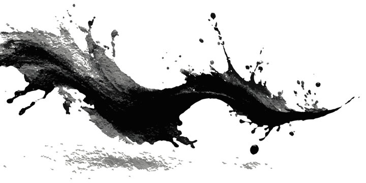 Dynamic black ink splash and splatter abstract art on white background
