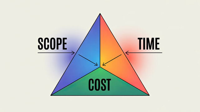 Project Triangle: Conceptualize the project triangle, illustrating the crucial balance between scope, time, and cost to achieve project success.