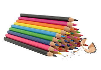 Fototapeta premium Vibrant stack of sharpened colored pencils with shaving, isolated on transparent background