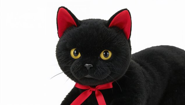 Plush black cat toy with red ribbon, cute stuffed animal, inspired by jiji from kikis delivery service, gift for cat lovers, soft decor