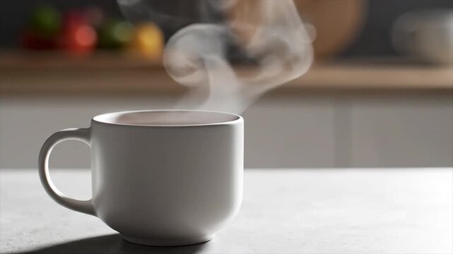 White ceramic coffee cup with steam rising, positioned on a kitchen countertop, with blurred background elements of fruits and kitchenware enhancing the cozy atmosphere
