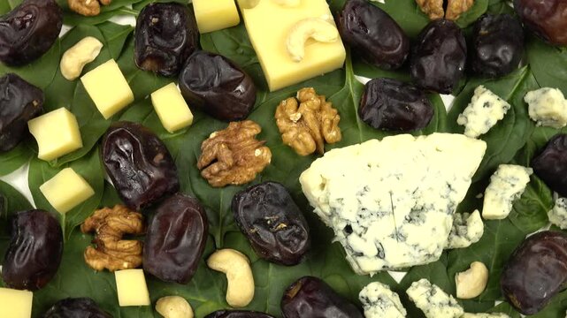 Blue cheese, cheese Emmental, walnuts, cashews, dates and spinach. Ingredients for a vitamin-rich salad, background, top view