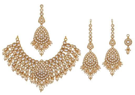 Elegant traditional gold-toned kundan and pearl bridal jewelry set isolated on transparent background