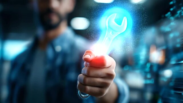 Faceless focused technician holding wrench, expertise and readiness symbolism, modern workshop environment with technology overlays, maintenance professional, with copy space