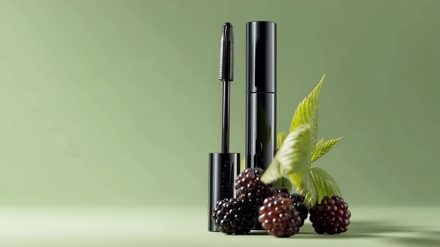 Ultra HD Black Mascara Tube and Brush Wand with Fresh Blackberries and Green Leaves, Organic Beauty Concept video