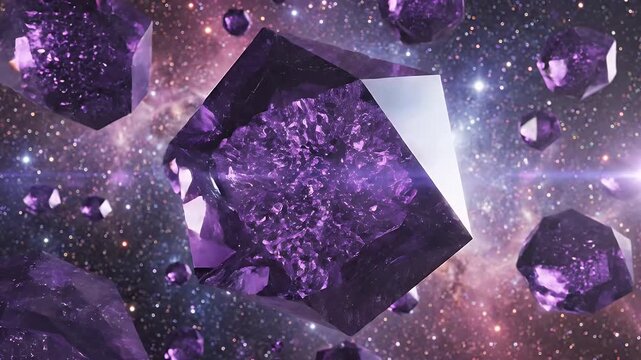 Amethyst Crystals in Space - An assortment of large, faceted amethyst crystals float in space, surrounded by distant stars and nebulous clouds.
