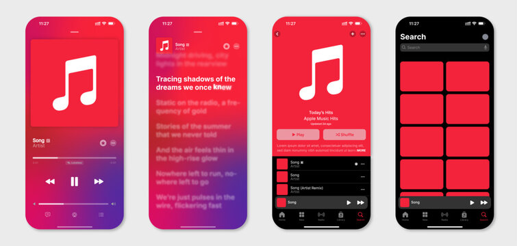 mockup of the Apple Music mobile app player interface on a smartphone, showcasing the "now playing" screen with a red music note placeholder and synchronized lyrics.