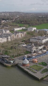 Vertical aerial view of Greenwich in London, with the Old Royal Naval College and Cutty Sark