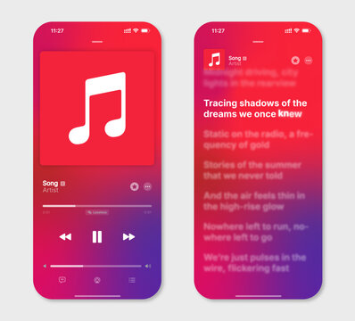 mockup of the Apple Music mobile app player interface on a smartphone, showcasing the "now playing" screen with a red music note placeholder and synchronized lyrics.