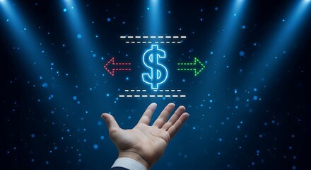 A glowing dollar sign flanked by arrows, above an open hand, on a dark blue background