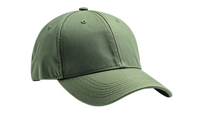 Fototapeta premium Olive green baseball cap isolated on black background, detailed stitching visible