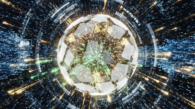 Futuristic AI Data Network Core - Abstract video depicting a central sphere comprised of fractured segments, radiating bright light and energy.