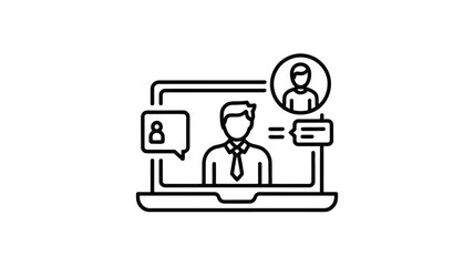 Fototapeta premium Online Interview and Recruitment Line Icon – Virtual Meeting, HR Hiring, Video Call Candidate Outline Illustration