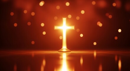 A golden cross glows brightly against a blurred background of warm, orange light