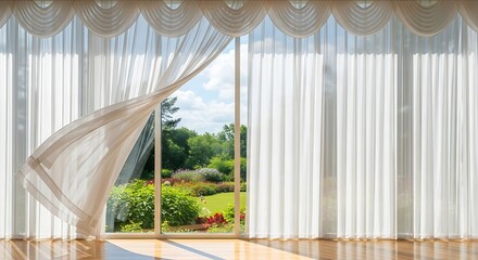 Inviting interior view through airy curtains onto a lush green garden © Sutelo