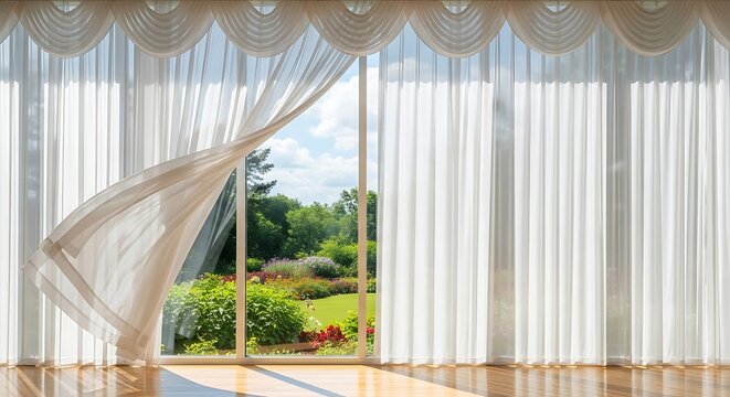 Inviting interior view through airy curtains onto a lush green garden