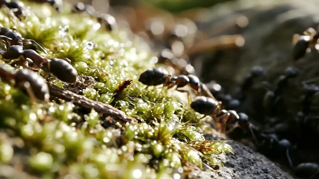 Ants on Mossy Rock Surface - A close-up shot captures several ants traversing a bed of vibrant green moss clinging to a rock surface.