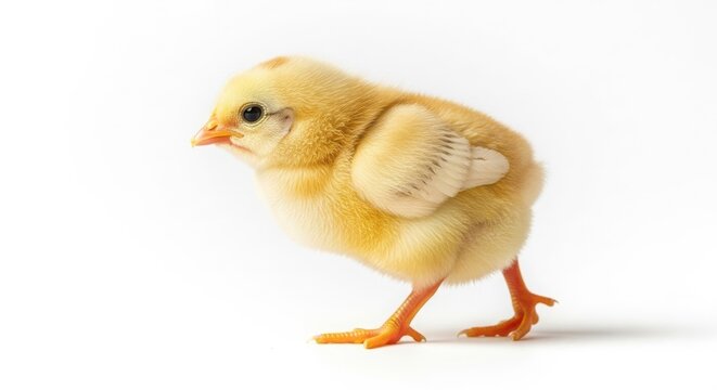 Tiny yellow baby chick walking and looking forward isolated on White Background