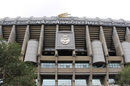 Madrid / Spain - August 27, 2017: Real Madrid logo on Santiago Bernabeu Stadium, Madrid, Spain.